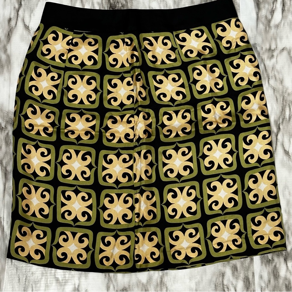 Milly of New York Green Black Geometric Print Silk Scarf Skirt Vibe Women Sz 4 - Picture 2 of 8